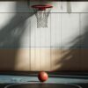A basketball sits on a basketball court in front of a basketball net.