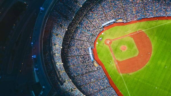 An aerial view of a large baseball stadium.
