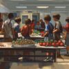 A 16-bit style cartoon of a school food program.
