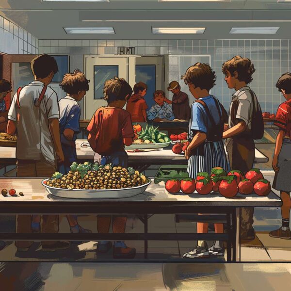 A 16-bit style cartoon of a school food program.