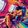 A Cyberpunk-inspired AI-generated image of Diddy sitting on a private jet.