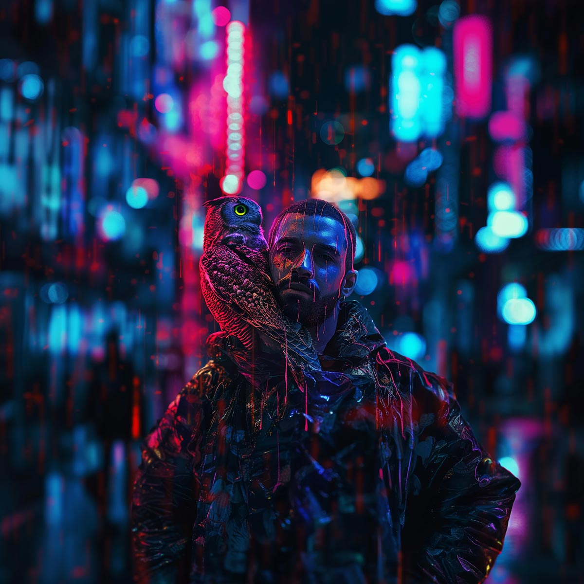 An AI-generated image of Drake with an owl on his shoulder.