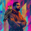 An AI-generated image of rapper Drake with owls on his shoulder.