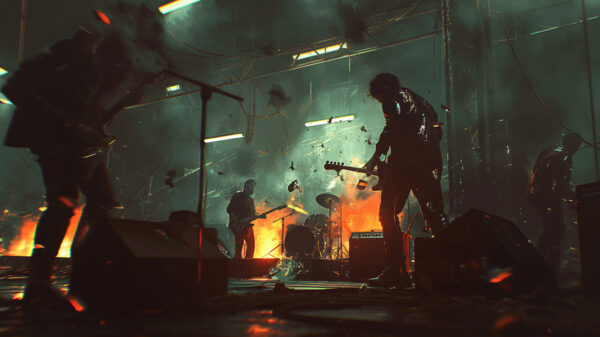 A rock band playing in a dark, smokey alley way