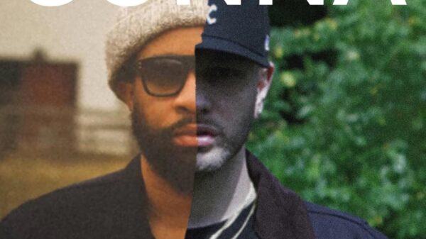 A split image of Canadian rappers Tona and Sayzee, merged to form one person. This image is to promote their collaborative EP Sun Is Out.