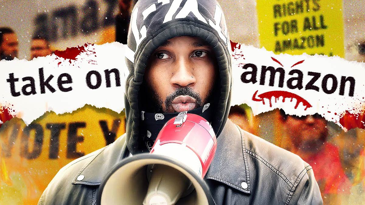 Activist Chris Smalls next to the words 'Take on Amazon'