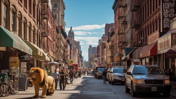 AI-generated depiction of human-wildlife overlap in a large city.