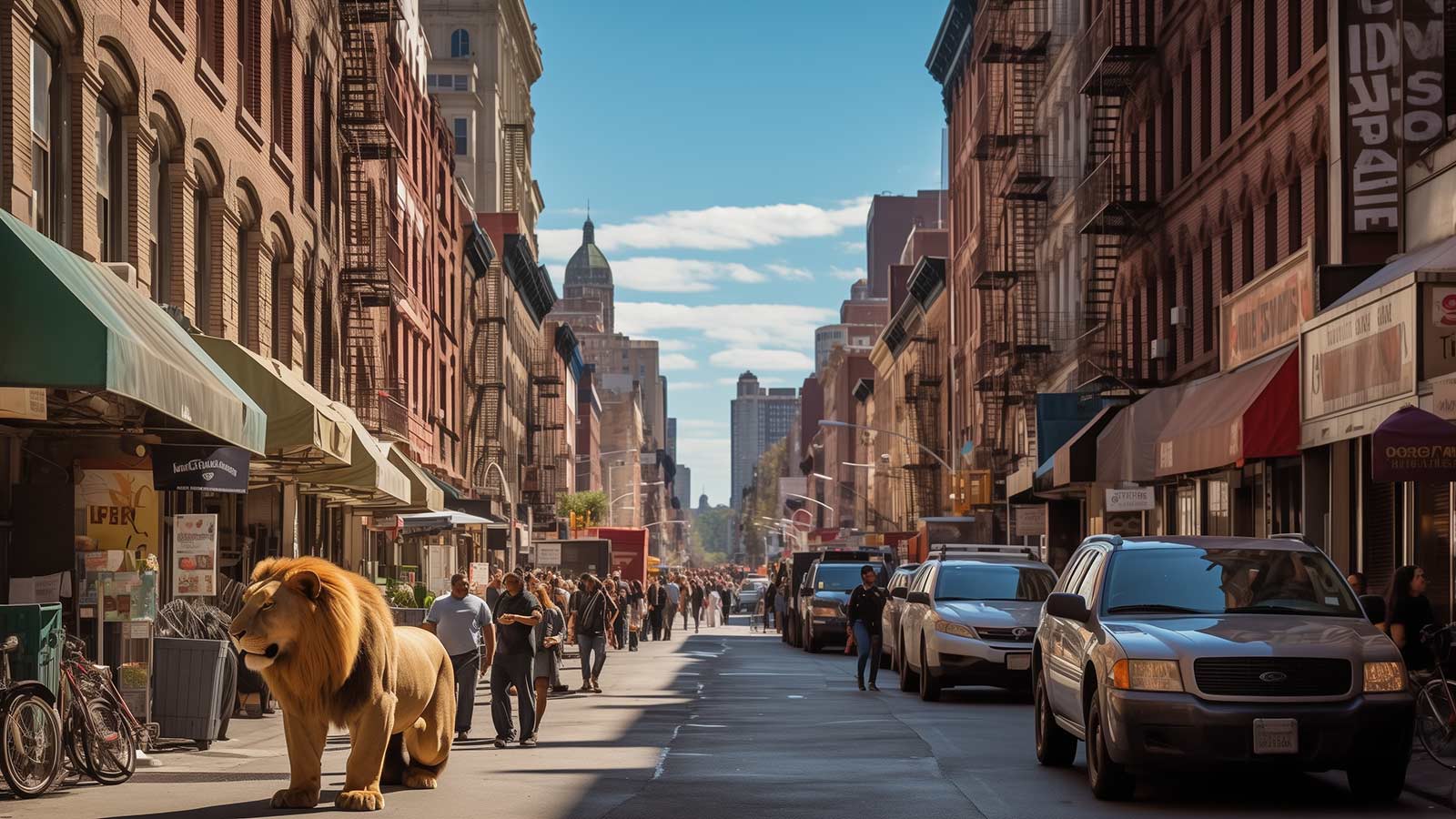 AI-generated depiction of human-wildlife overlap in a large city.
