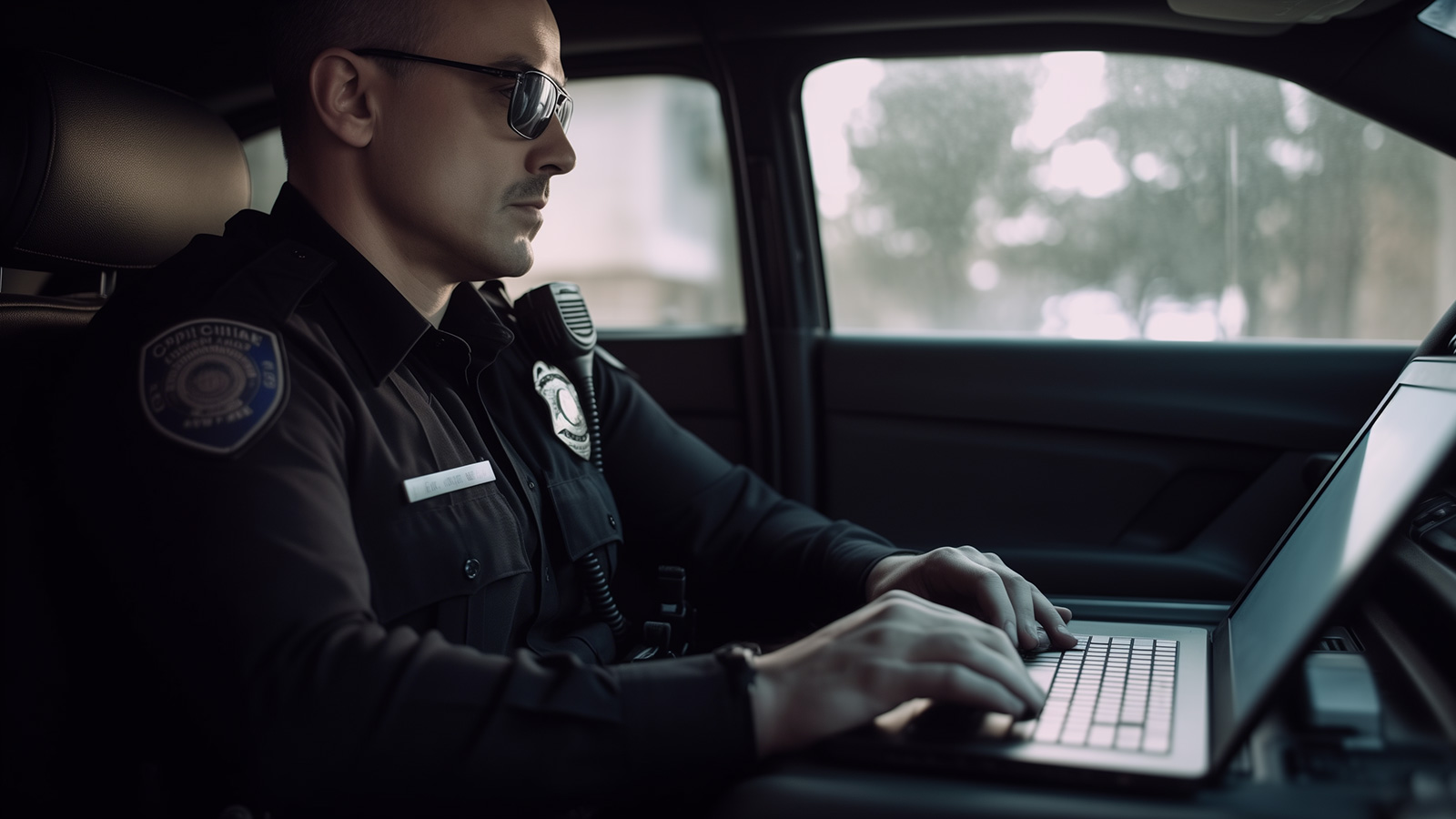 A police officer sitting in a car using a laptop