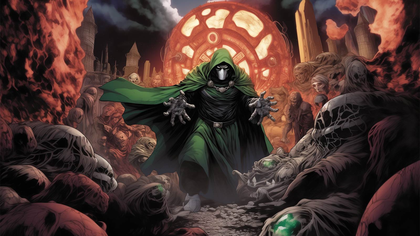 Doctor Doom stands in front of a portal to the multiverse.