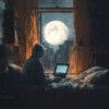 A hooded person on a laptop in their bedroom at night, this image is suggesting the person is committing Tackling Technology-Facilitated Sexual Violence (TFSV).