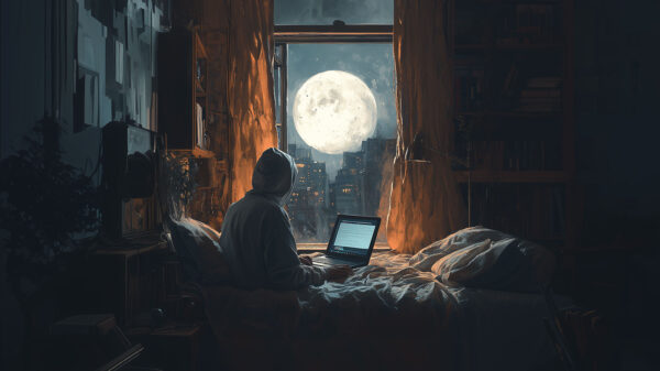 A hooded person on a laptop in their bedroom at night, this image is suggesting the person is committing Tackling Technology-Facilitated Sexual Violence (TFSV).