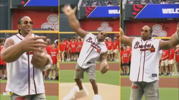 Ludacris throws the first pitch at an Atlanta Braves game.