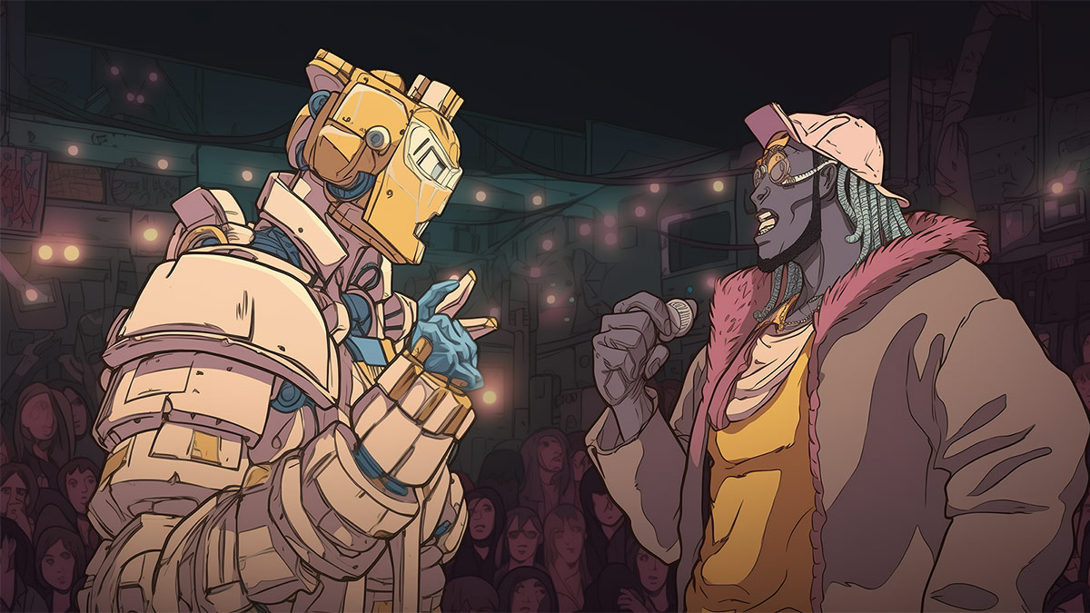 The concept of a ChatGPT diss track conveyed with an AI-generated image of a robot battling a human.