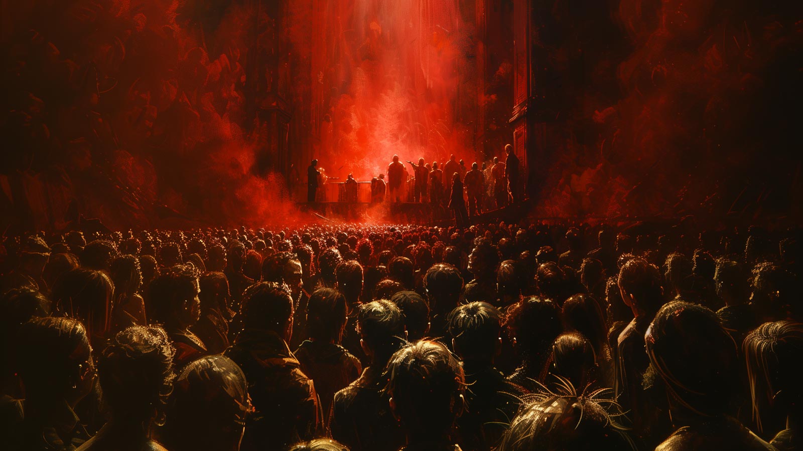 Generative AI image of a crowd at a concert, from the perspective of behind the crowd.