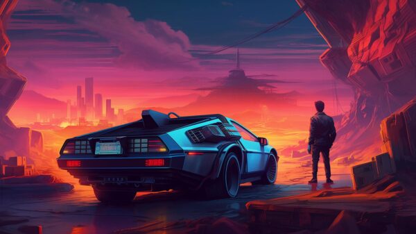 An AI-generated image of a man that has used a DeLorean-like time machine to travel to the future.