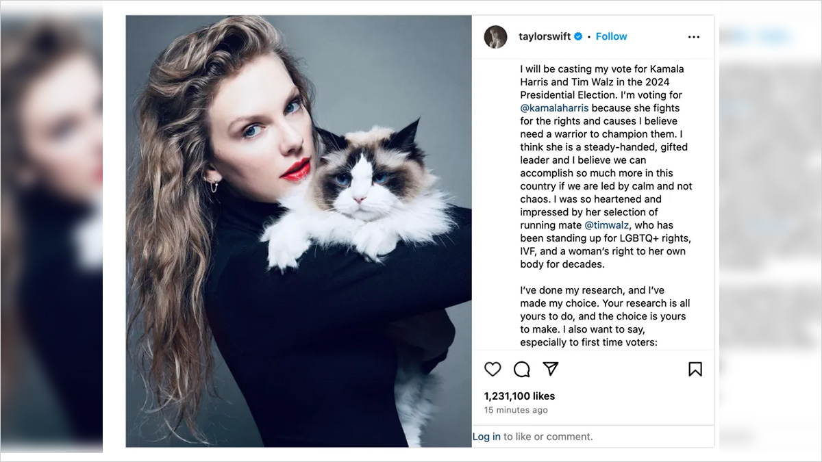 Taylor Swift endorses Kamala Harris in this screenshot of a recent Instagram post