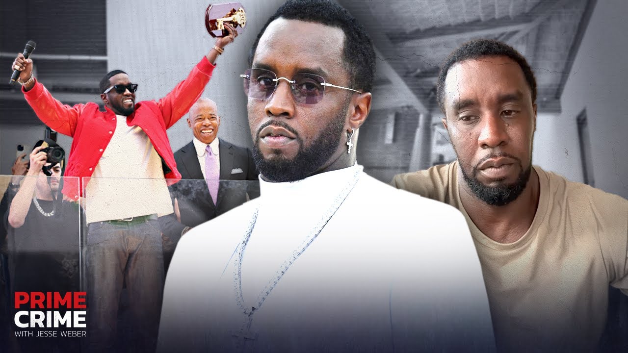 A collage of photos of music mogul Diddy on the title card for the video Prime Crime: The Rise and Fall of Diddy