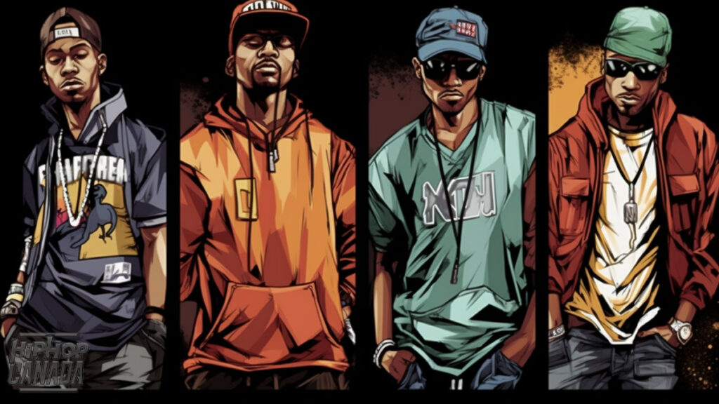 AI-generated art on Midjourney using the prompt '4 elements of hip-hop.'