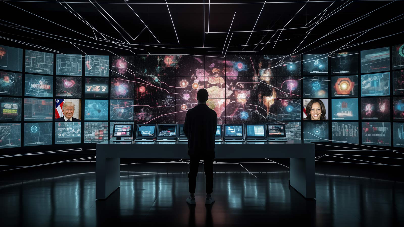 An AI generated image of a wall of TV screens displaying crypto and AI-related images, along with a photo of Donald Trump and Kamala Harris.