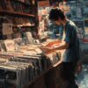 AI-generated art depicting digging through vinyl crates at Black Music record stores.