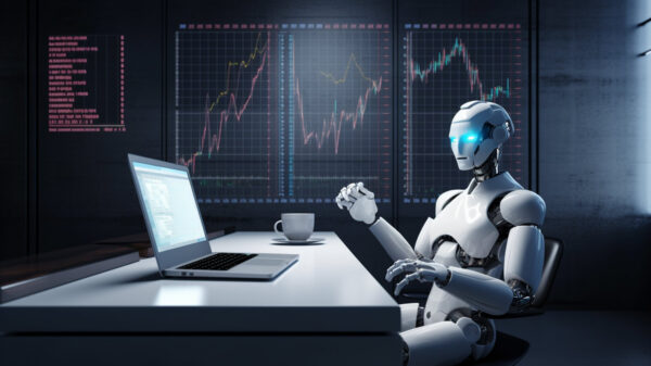 A generated image of an AI-powered robot reading about the iPhone 16 with stock market charts on the wall behind it.