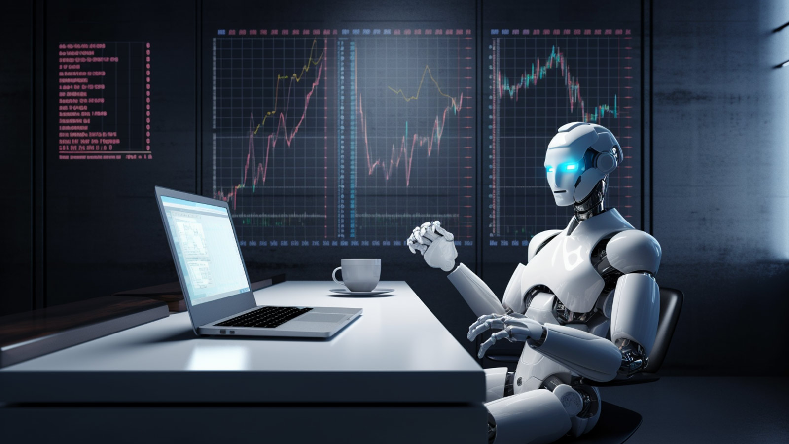 A generated image of an AI-powered robot reading about the iPhone 16 with stock market charts on the wall behind it.