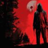 A hooded figure stands in a dark forest drenched in red light, evoking bloody horror movies with an ominous, cinematic atmosphere.