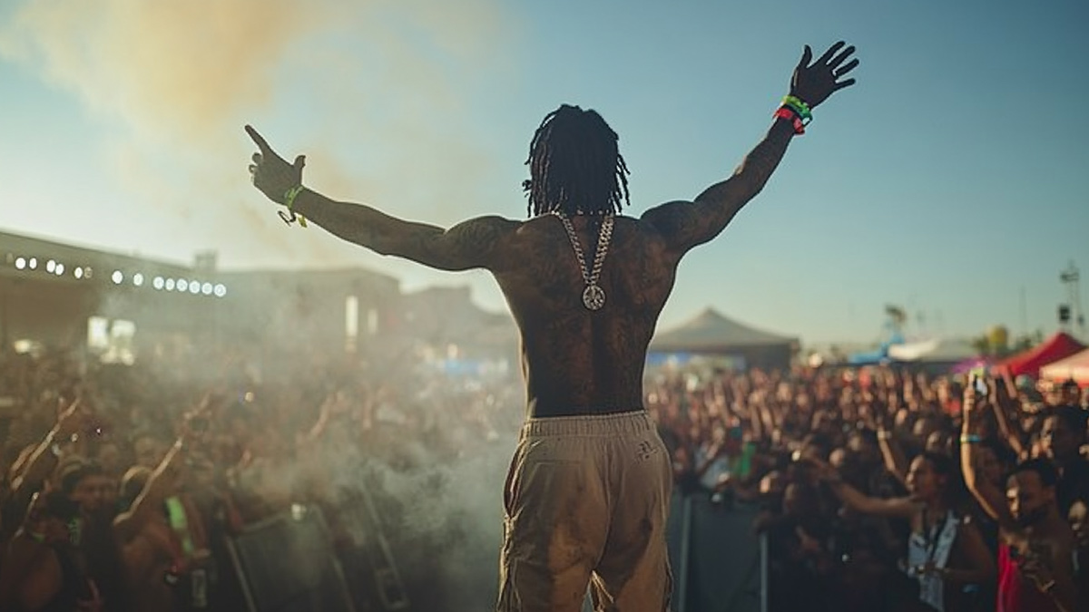 AI-generated image of Wiz Khalifa performing at a festival in Romania while surrounded by weed smoke.
