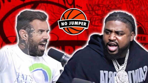 A photo of podcast host Adam22 and rapper Rooga having an argument inside the No Jumper studio.