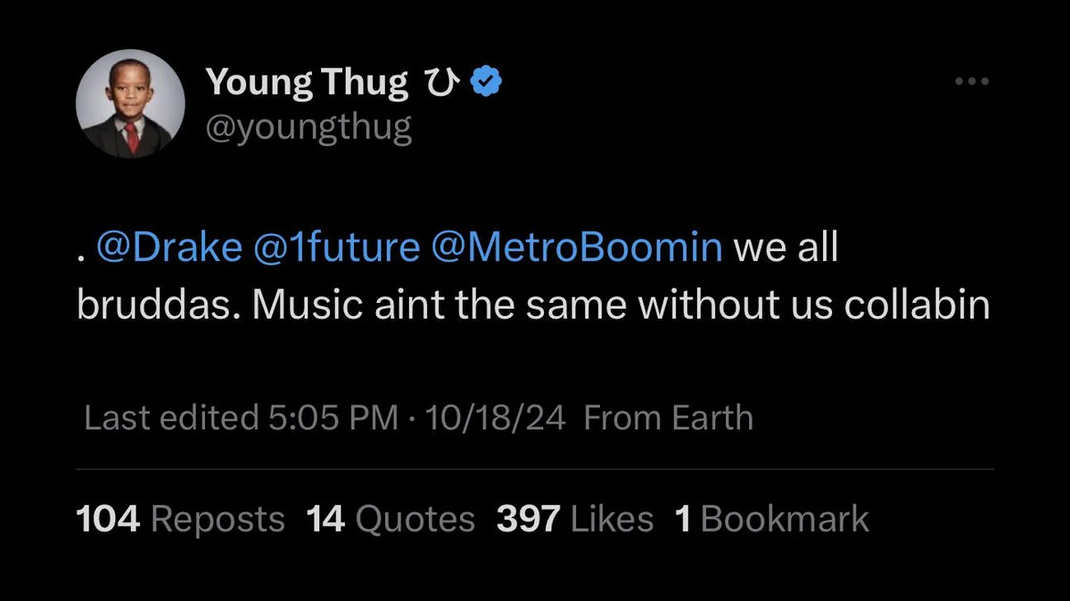 A Young Thug tweet encouraging Drake, Future and Metro Boomin to end their beef.