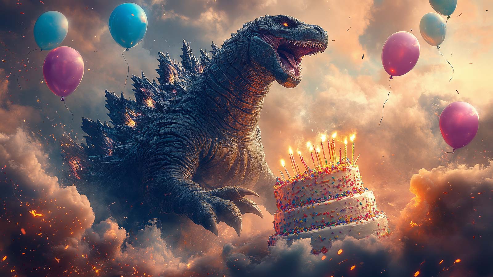 Balloons and birthday cake for Godzilla films turning 70.
