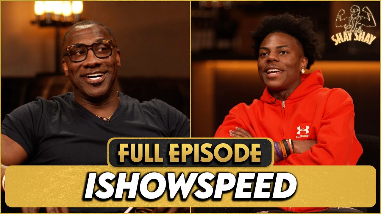 A screenshot of the IShowSpeed interview on Club Shay Shay with host Shannon Sharpe on the left and IShowSpeed on the right.