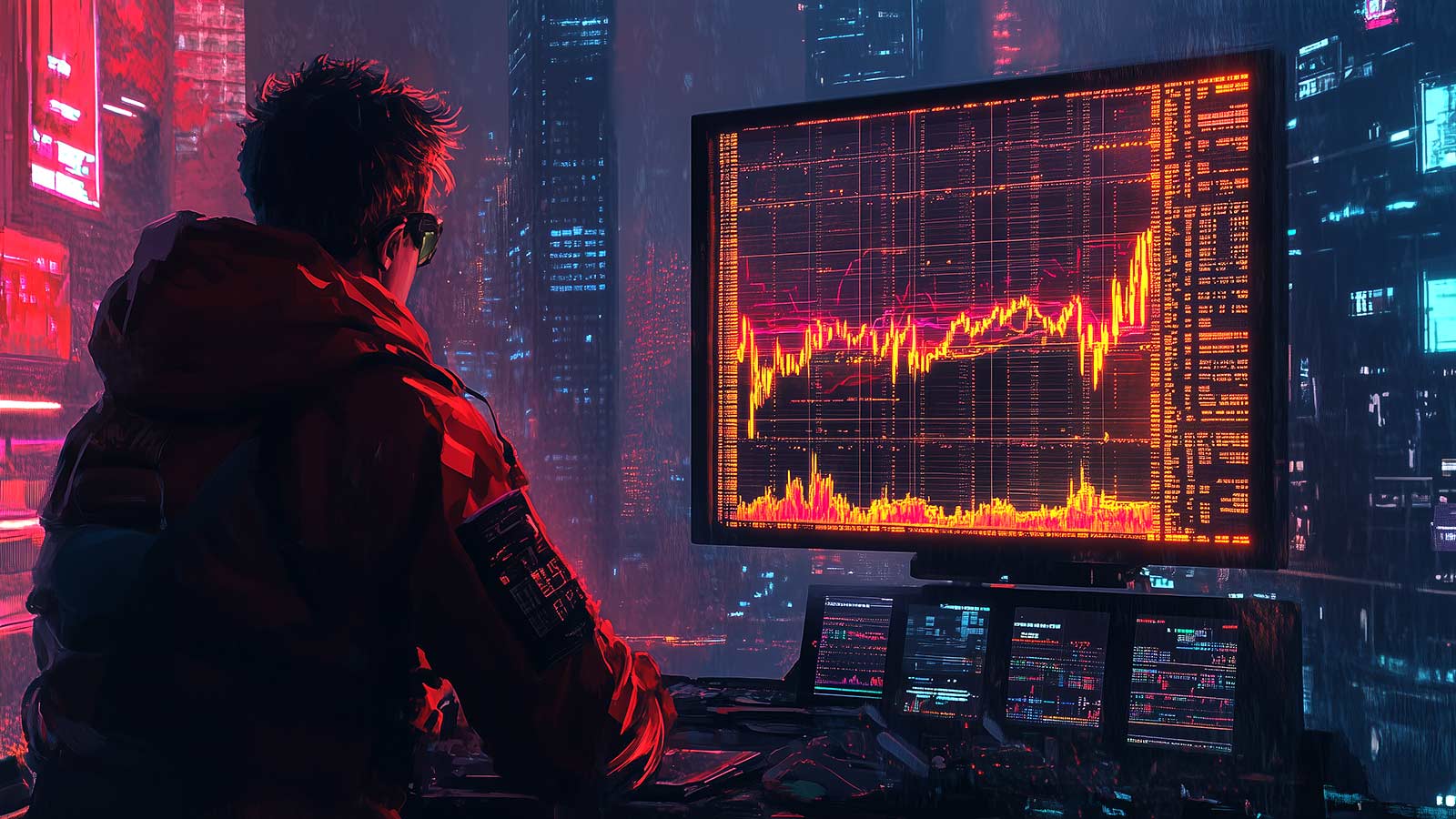 An AI-generated image of a young man checking cryptocurrency charts after Donald Trump won the presidential election.