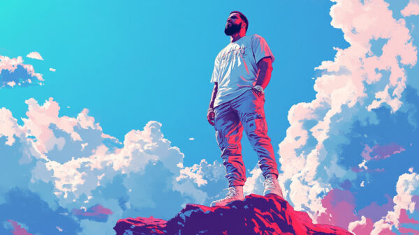 An AI-generated image symbolizing Drake standing on top of the Billboard Greatest Pop Stars of the 21st Century list.
