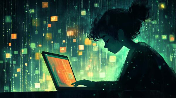 An AI generated image featuring a young girl visiting web links on a laptop.