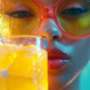 A women wearing glasses holds a glass of lemonade in this promotional image for the Top 5 Lyrical Lemonade music videos of all-time.