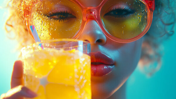 A women wearing glasses holds a glass of lemonade in this promotional image for the Top 5 Lyrical Lemonade music videos of all-time.