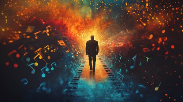 An AI-generated image of Quincy Jones walking down a mystic path made of piano keys, surrounded by music notes.