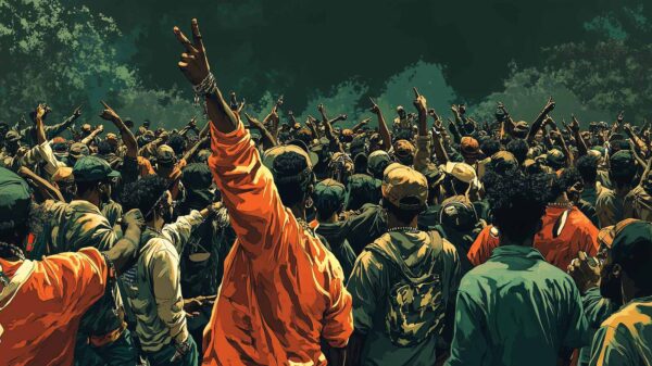 An AI-generated image that represents rap music fighting oppression.