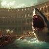 An AI-generated image depicting sharks fighting inside the Colosseum, like in in the film Gladiator II.