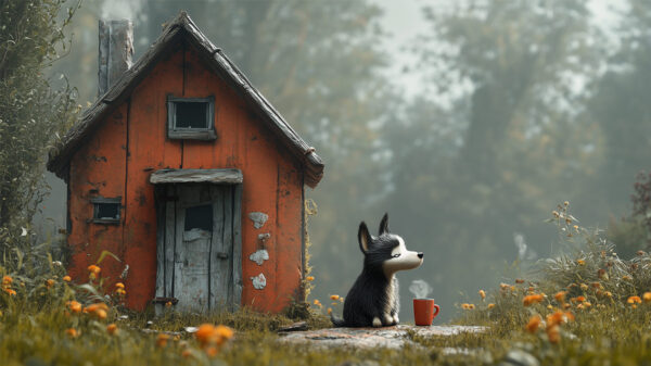 A small dog sitting next to the world's biggest dog house.
