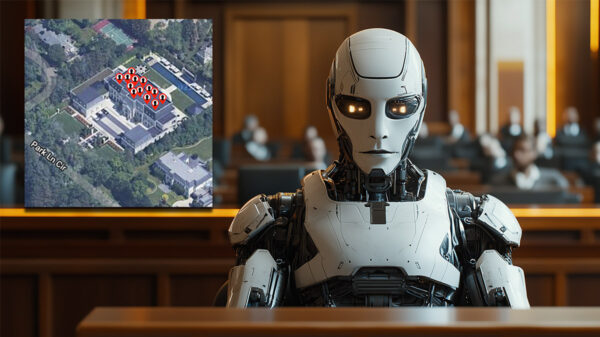 A robot in a courtroom fighting a lawsuit, next to the artwork of the Drake diss track, Not Like Us, by Kendrick Lamar.