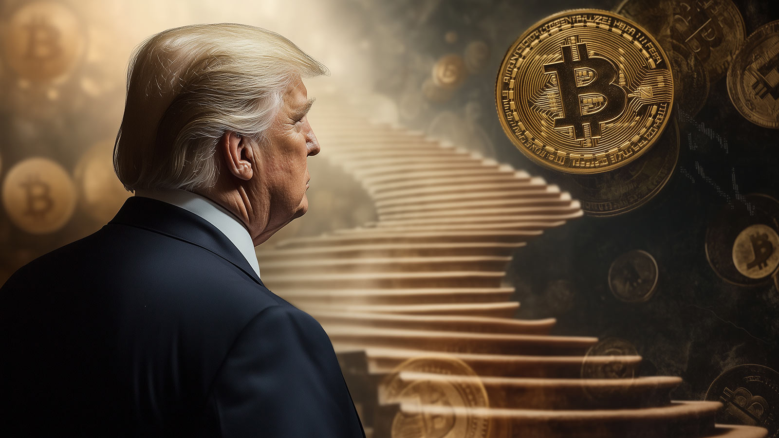 Donald Trump watches the price of Bitcoin climb a flight of stairs.