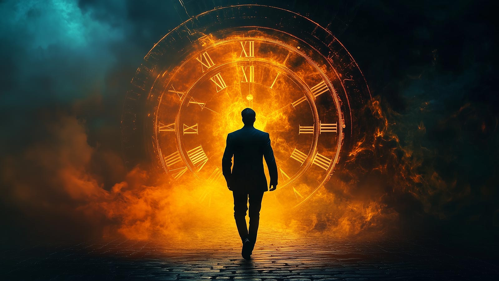 A man walks towards a large gold clock to symbolize time travel.