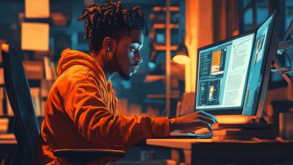 A young black adult male sitting at a desk and working on a computer, symbolizing his daily grind.