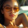 A young woman fights stress by basking in the sun while wearing sunglasses.