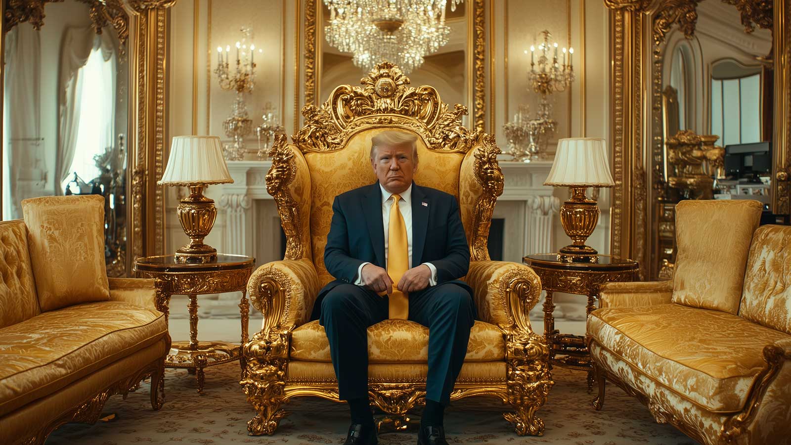 Donald Trump celebrates his revolution while sitting on a golden chair.