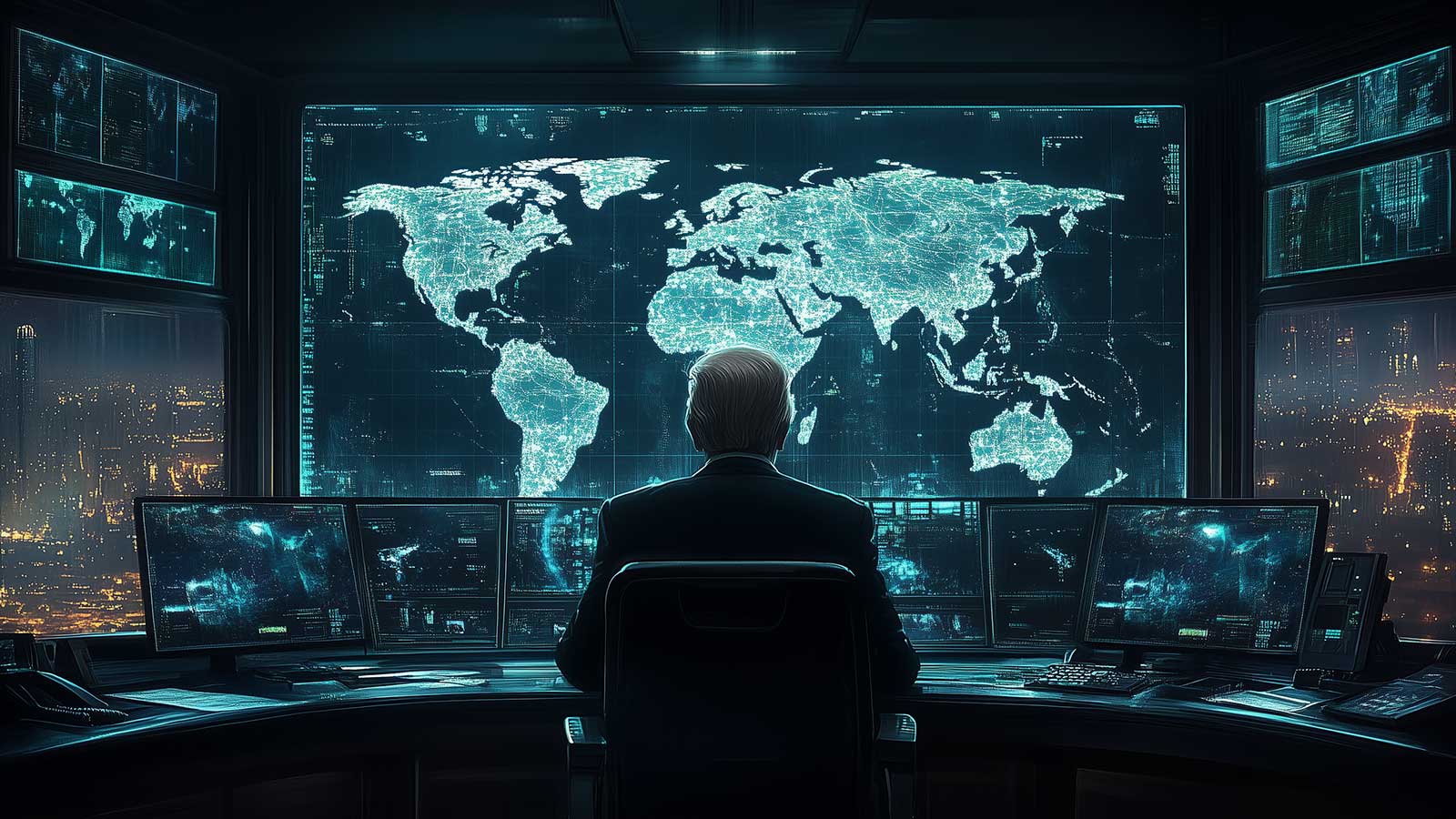 Donald Trump sits in front of a map picturing his New World Order.