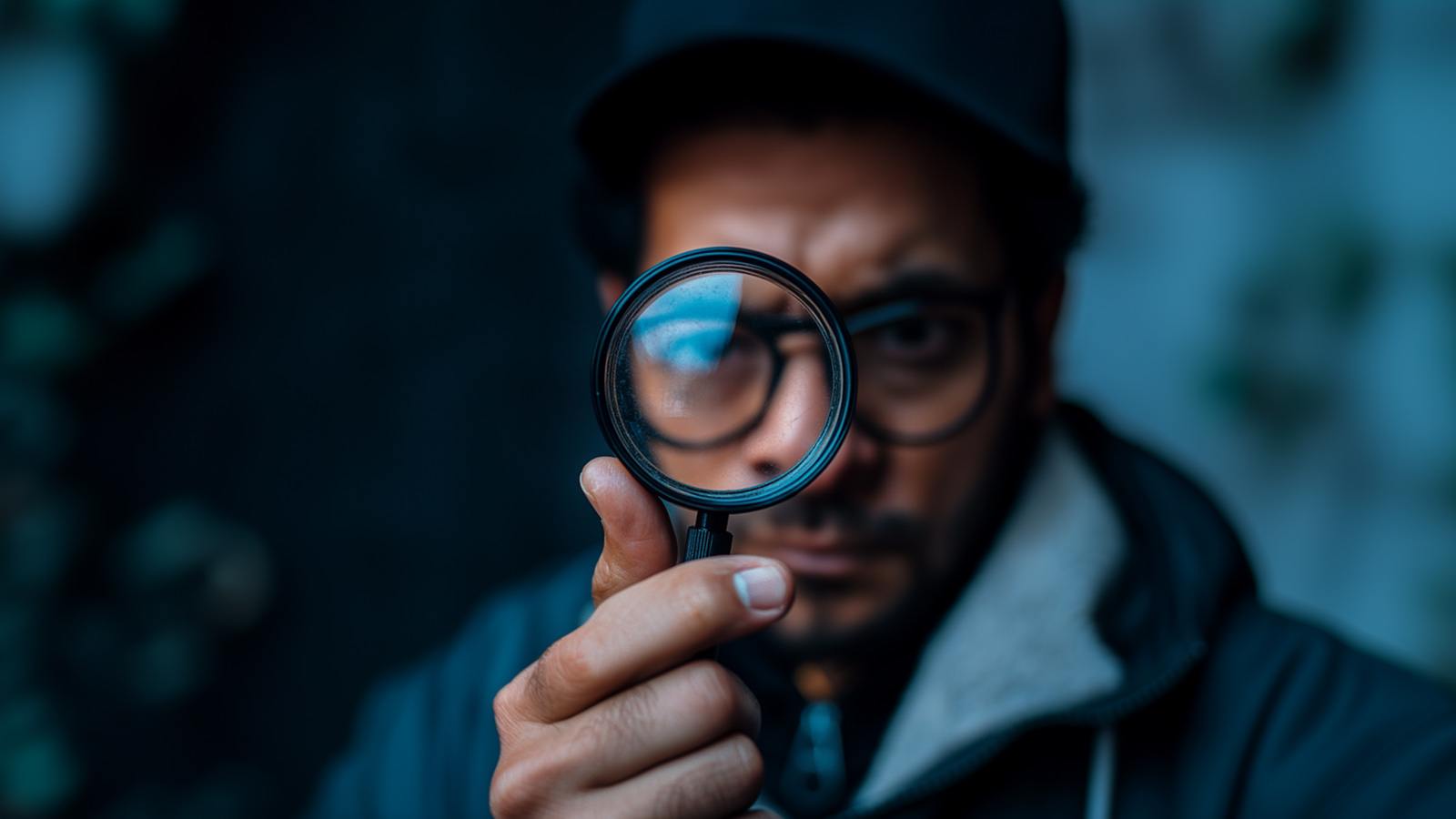 An image of a man looking throuhg a magnifying glass to represent imposter participants in research.